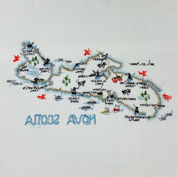SOLD Completed Cross Stitch Nova Scotia Map Unframed 17 x 14 1/2  Handmade - Picture 3 of 5